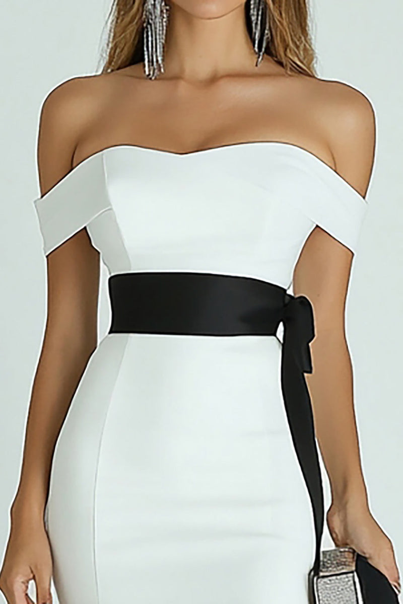 Load image into Gallery viewer, White and Black Satin Midi Mermaid Engagement Dress with Slit