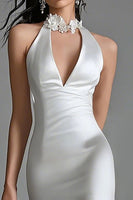 Load image into Gallery viewer, White Satin High Neck High-Low Mermaid Engagement Dress