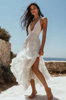 Load image into Gallery viewer, White Black Dots Chiffon V Neck A Line Boho Maxi Dress with Ruffles