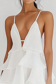 White Chiffon V Neck Short A Line Graduation Dress with Ruffles