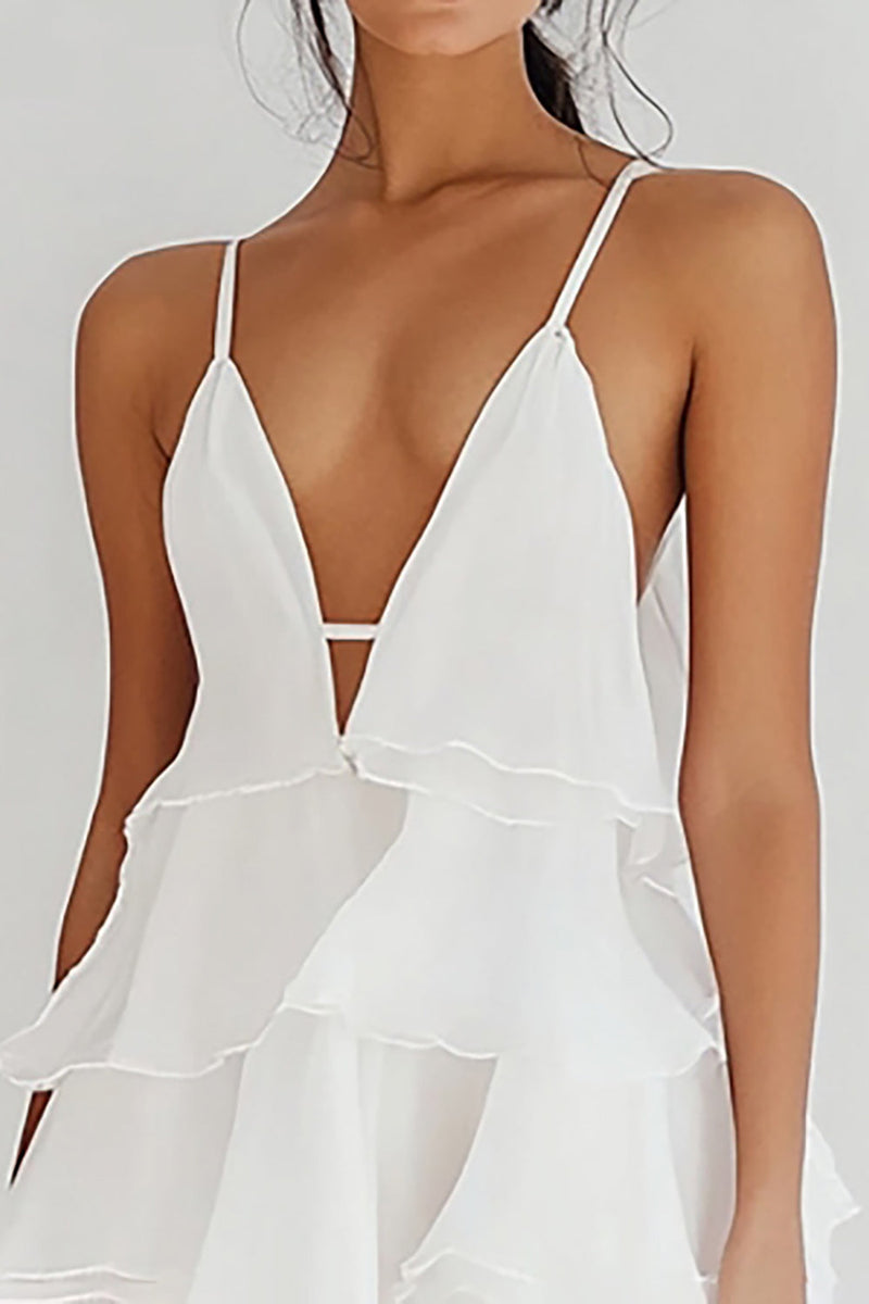 Load image into Gallery viewer, White Chiffon V Neck Short A Line Graduation Dress with Ruffles