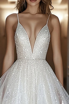 Ivory Sequins Short V Neck A Line Graduation Dress