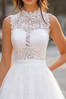 White Lace High Neck Short A Line Graduation Dress