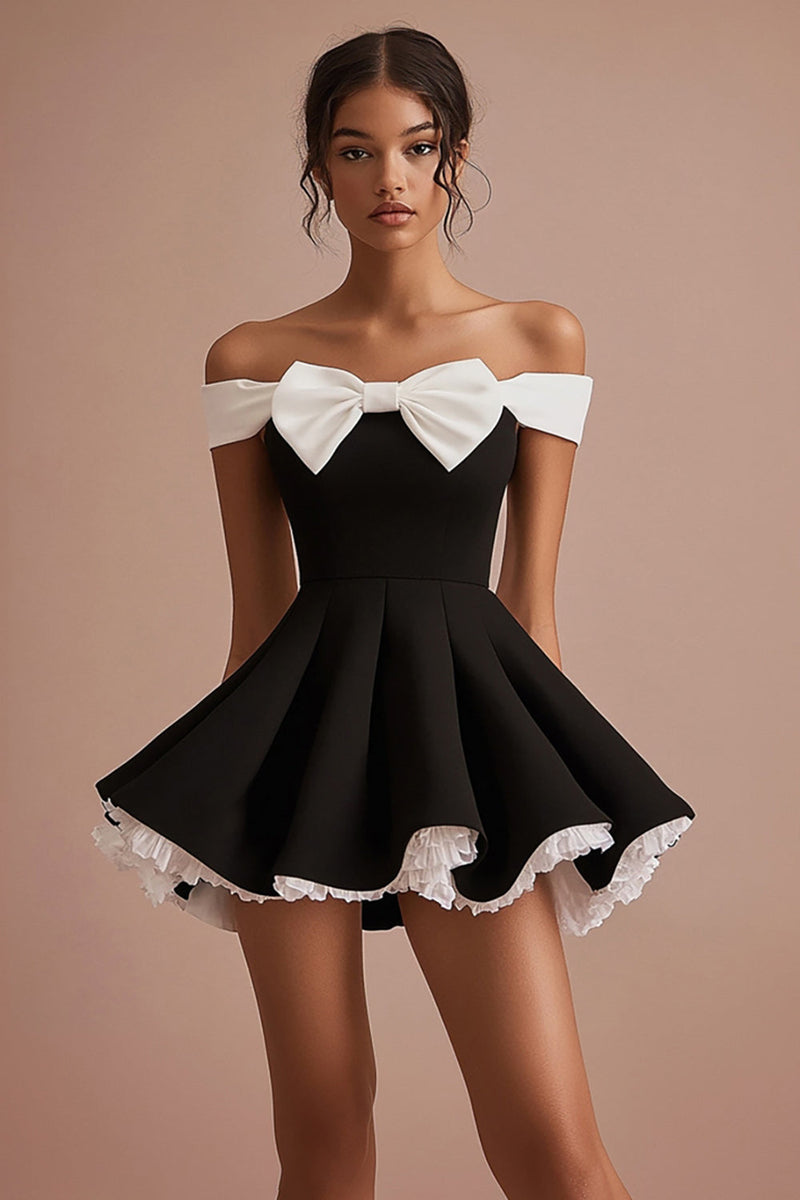 Load image into Gallery viewer, Black and White Satin A Line Short Cocktail Dress with Bow