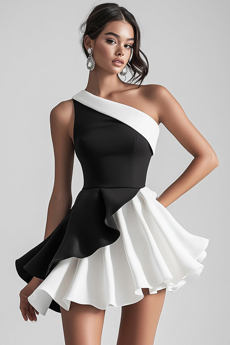 Load image into Gallery viewer, Women Black and White Satin Short Cocktail Dress with Ruffles Ruched One Shoulder A Line Little Black Dress