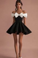 Load image into Gallery viewer, Black and White Satin Short A Line Cocktail Dress with Bow