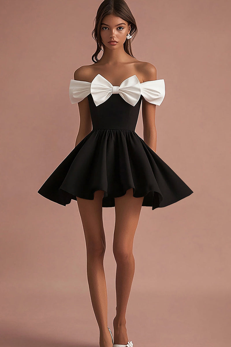 Load image into Gallery viewer, Black and White Satin Short A Line Cocktail Dress with Bow
