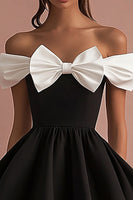 Load image into Gallery viewer, Black and White Satin Short A Line Cocktail Dress with Bow