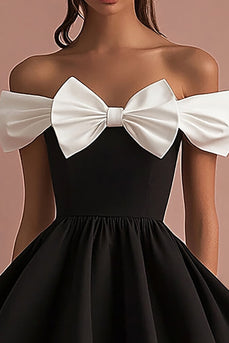 Black and White Satin Short A Line Cocktail Dress with Bow