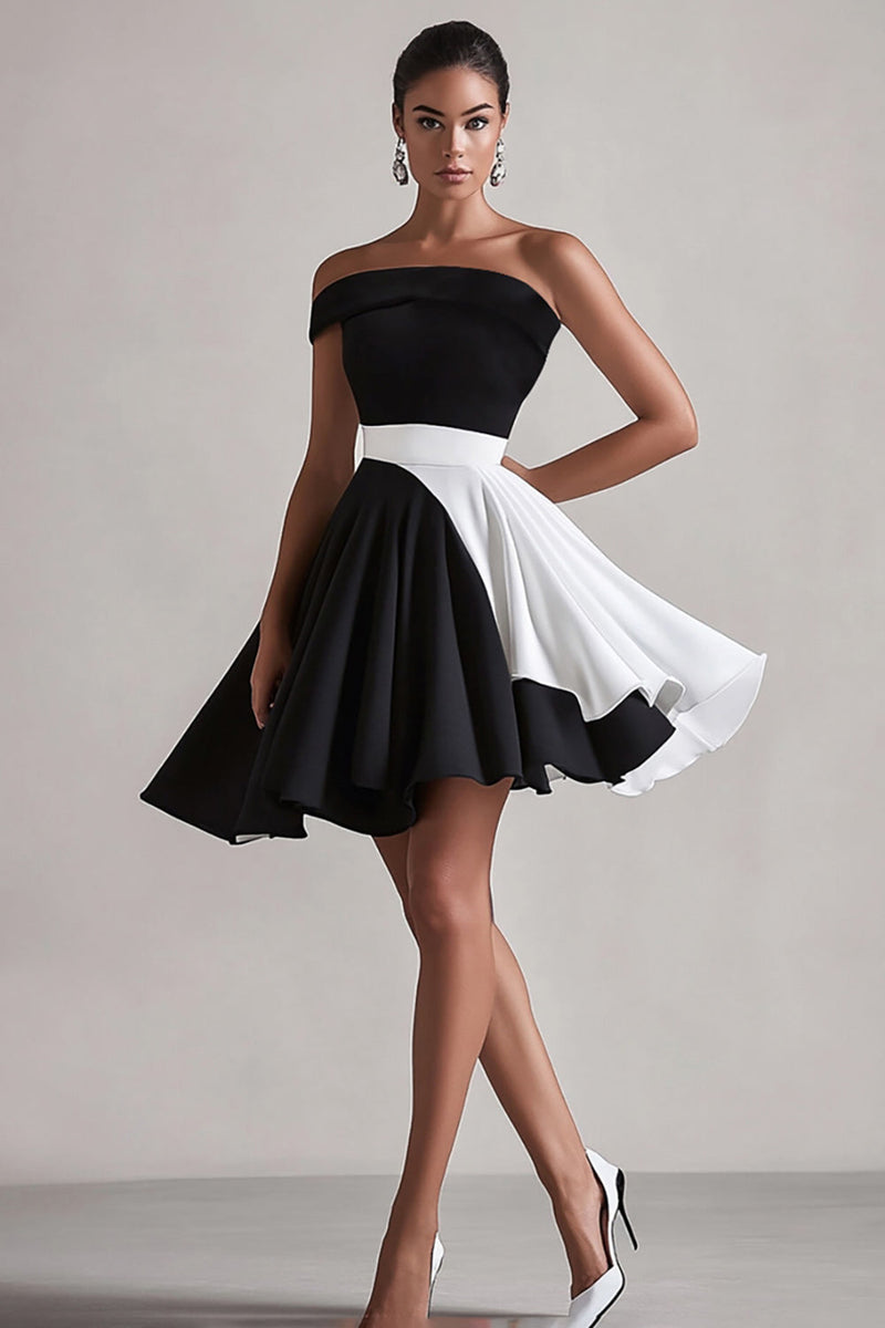 Load image into Gallery viewer, Black and White Satin One Shoulder Short A Line Cocktail Dress