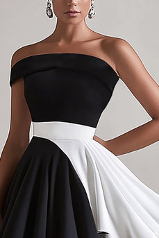 Black and White Satin One Shoulder Short A Line Cocktail Dress