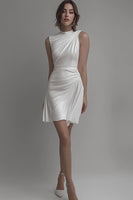 Load image into Gallery viewer, Women Mini White Dress Satin Short Bridal Shower Ruched High Neck Bodycon Little White Dress