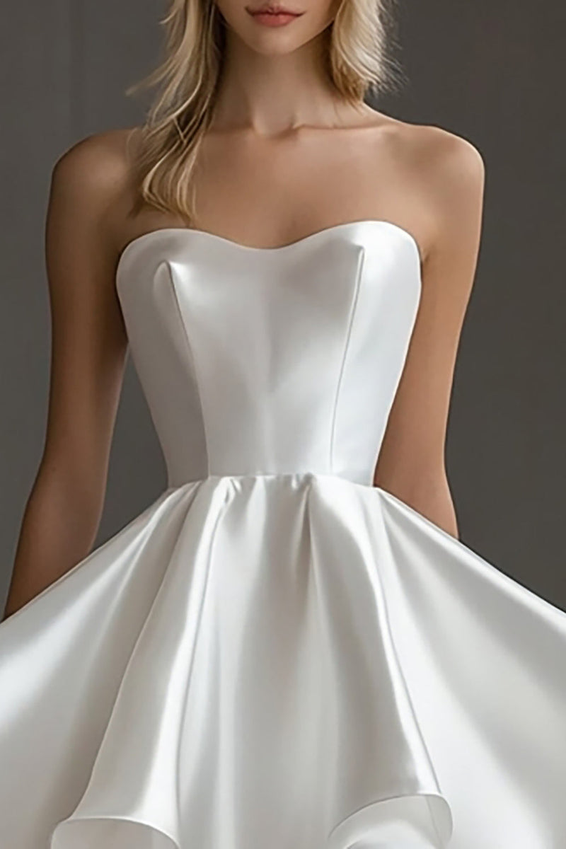 Load image into Gallery viewer, White Satin Strapless Short A Line Graduation Dress