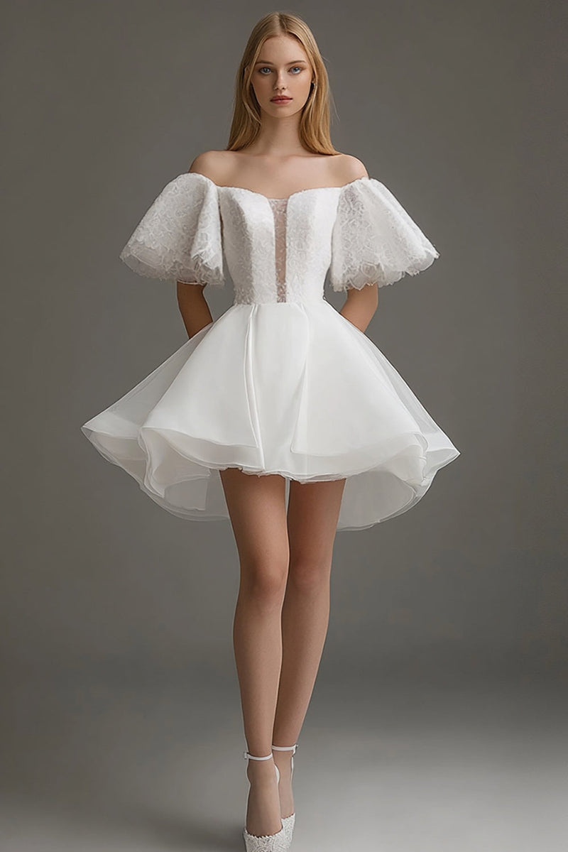 Load image into Gallery viewer, White Organza Off The Shoulder Short A Line Graduation Dress