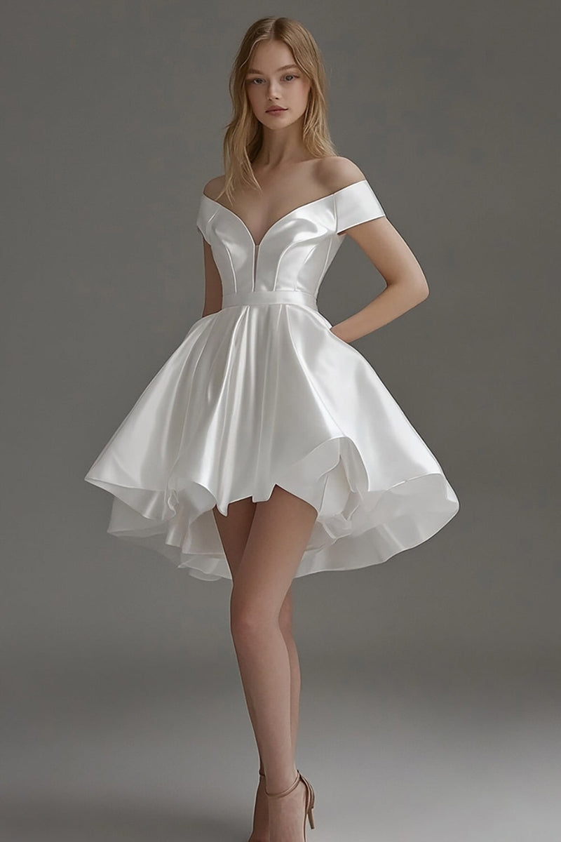 Load image into Gallery viewer, White Satin Short Off The Shoulder A Line Graduation Dress