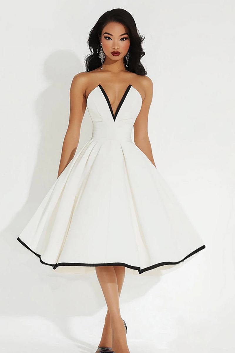 Load image into Gallery viewer, White Satin Midi V Neck A Line Graduation Dress