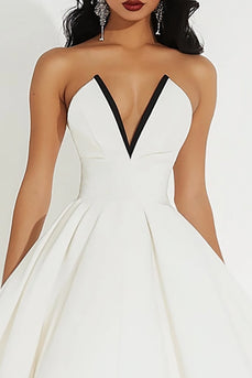 White Satin Midi V Neck A Line Graduation Dress