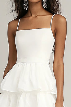 Ivory Spaghetti Straps A Line Midi Graduation Dress with Ruffles