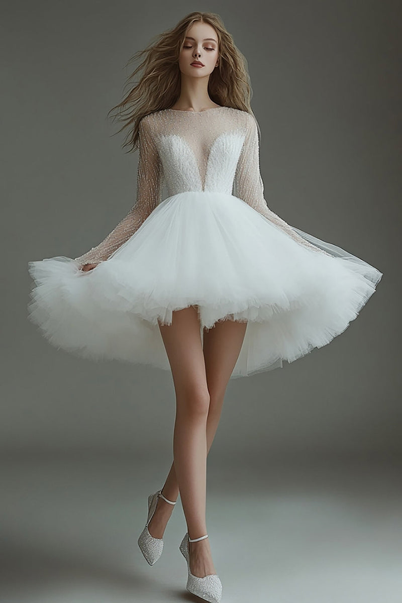 Load image into Gallery viewer, White Tulle Short Illusion Neck Long Sleeves A Line Graduation Dress