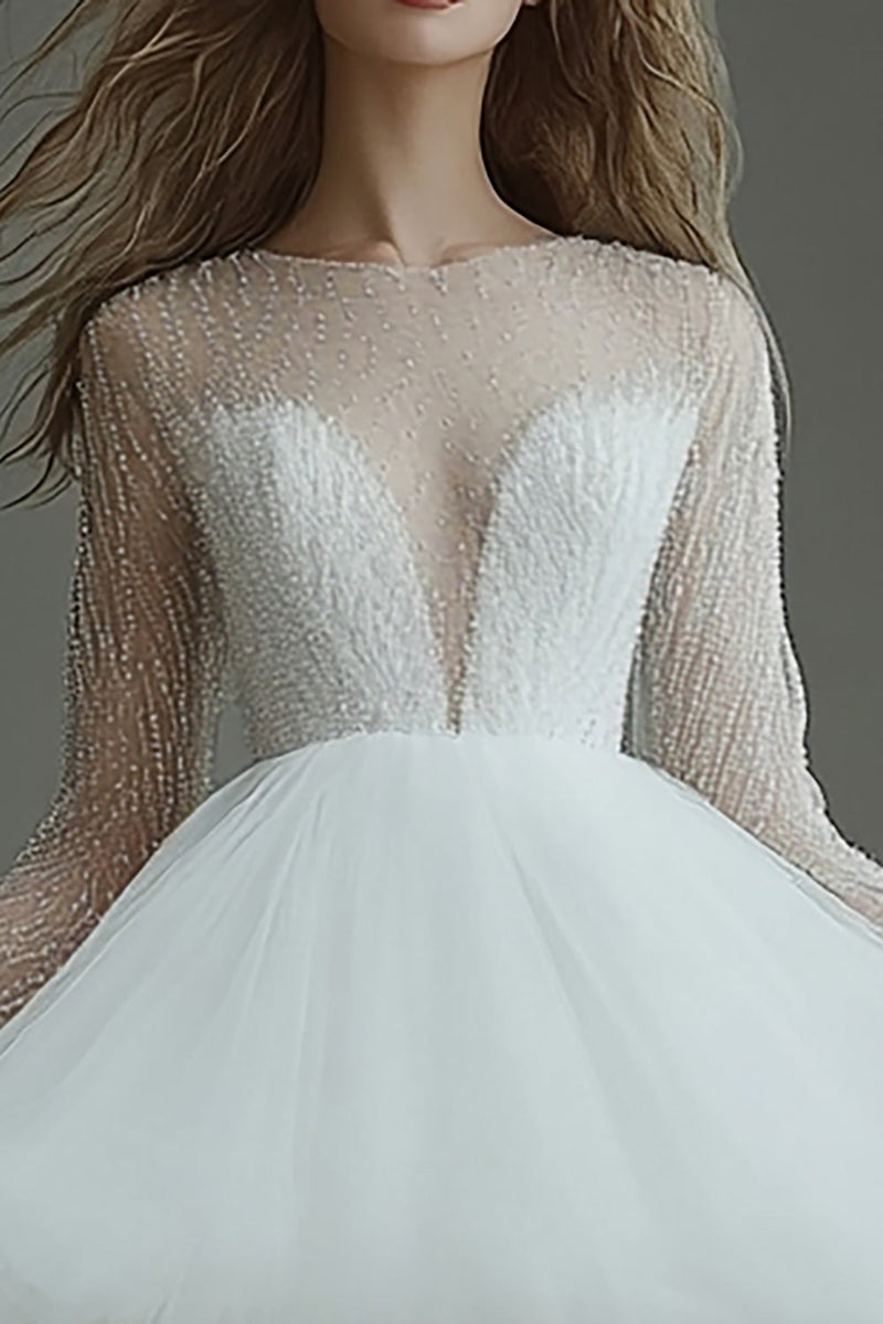 Load image into Gallery viewer, White Tulle Short Illusion Neck Long Sleeves A Line Graduation Dress