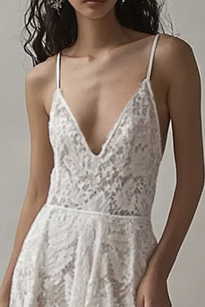 Ivory Lace V Neck High-Low Engagement Dress