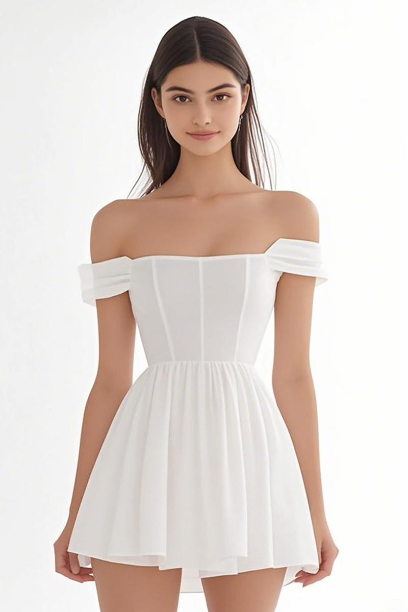 Load image into Gallery viewer, Ivory Chiffon Corset Off The Shoulder Short A Line Graduation Dress