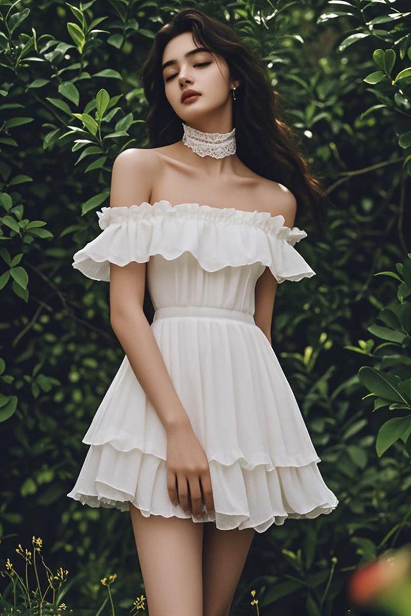 Load image into Gallery viewer, Ivory Chiffon Short A Line Graduation Dress with Ruffles