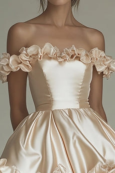 Champagne Off the Shoulder Satin Short Graduation Dress with Ruffles