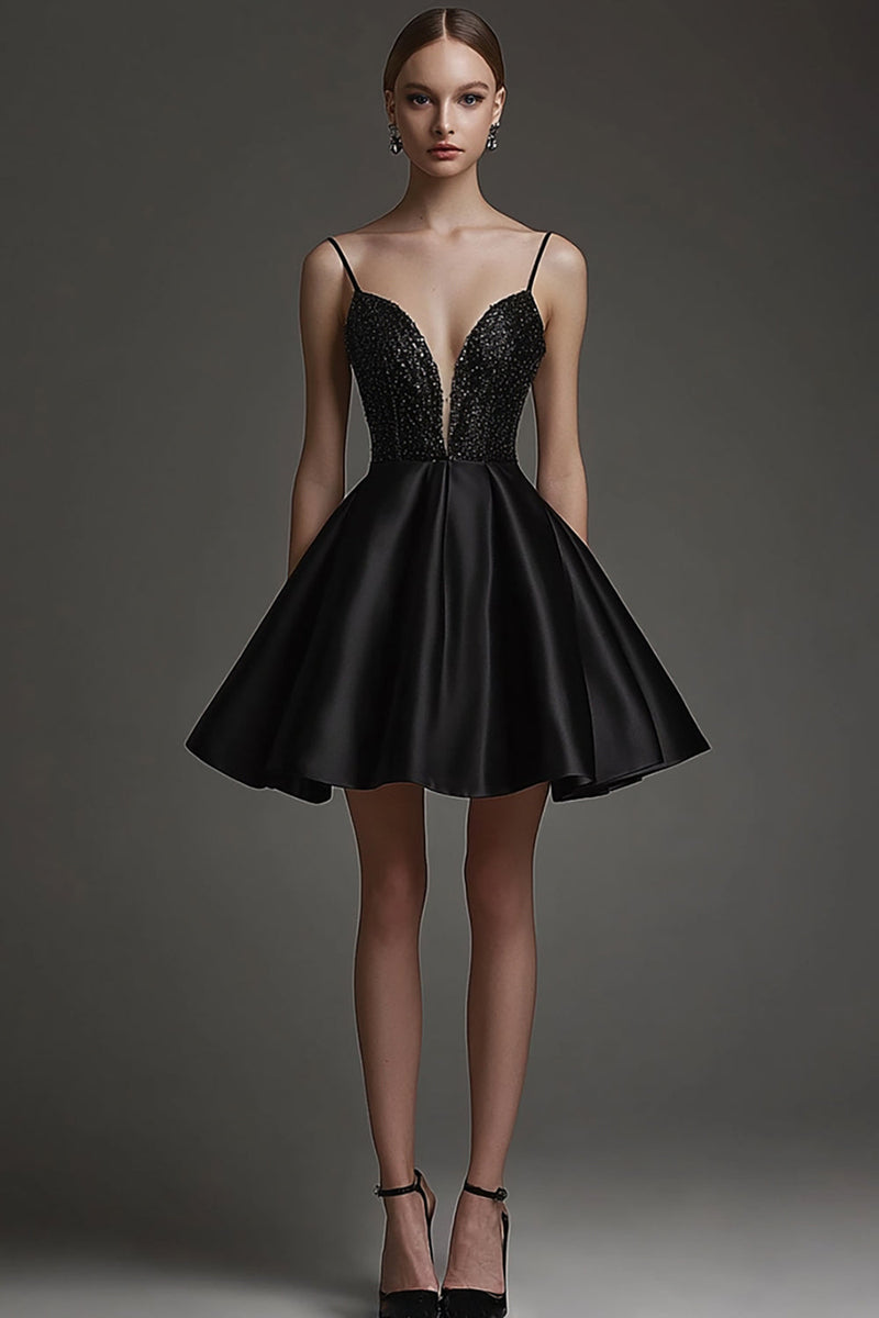 Load image into Gallery viewer, Black Satin V Neck Short A Line Cocktail Dress with Beading