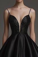 Load image into Gallery viewer, Black Satin V Neck Short A Line Cocktail Dress with Beading