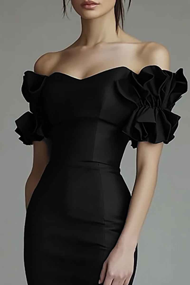 Load image into Gallery viewer, Black Midi Satin Bodycon Formal Dress with Ruffles