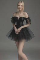 Load image into Gallery viewer, Black Tulle Off The Shoulder Short A Line Cocktail Dress