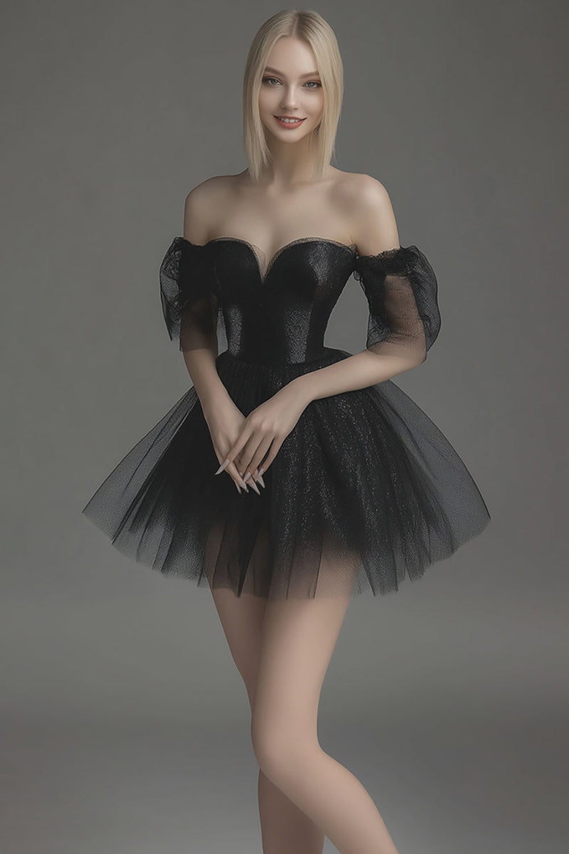 Load image into Gallery viewer, Black Tulle Off The Shoulder Short A Line Cocktail Dress