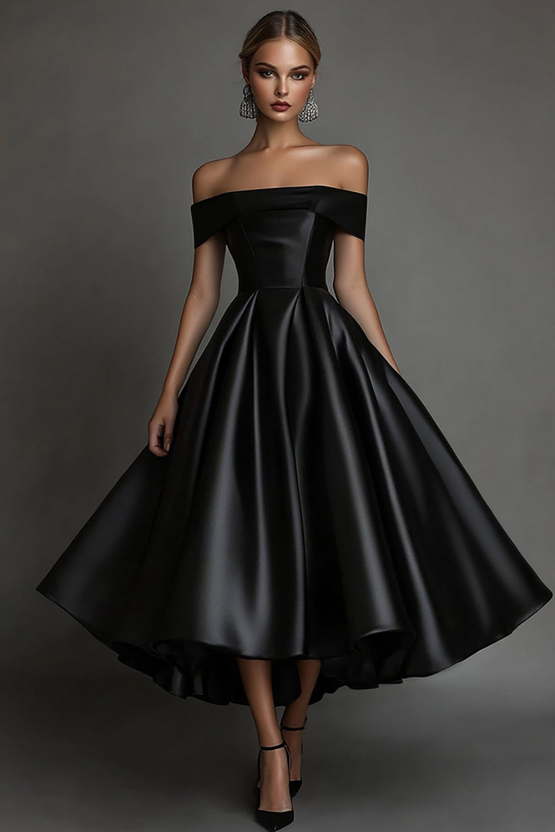 Load image into Gallery viewer, Black A Line Off The Shoulder Long Satin Formal Dress