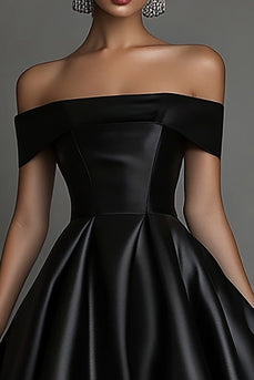 Black A Line Off The Shoulder Long Satin Formal Dress