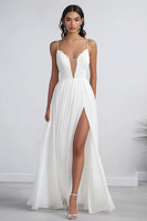 Load image into Gallery viewer, White Chiffon Long A Line Engagement Dress with Slit