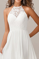 Load image into Gallery viewer, White Chiffon Asymmetrical A Line Engagement Dress with Lace