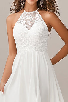 White Chiffon Asymmetrical A Line Engagement Dress with Lace