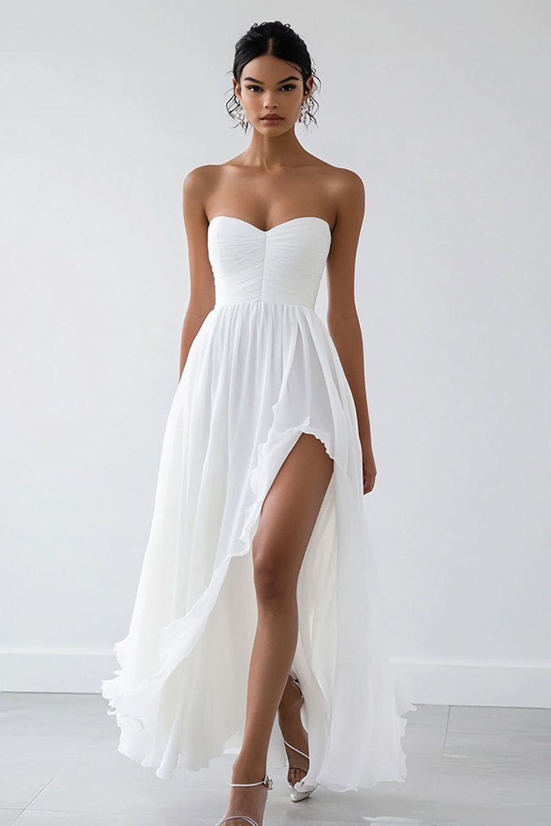 Load image into Gallery viewer, White Chiffon Sweetheart Long A Line Engagement Dress with Slit