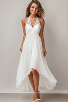 Load image into Gallery viewer, White Chiffon Halter A Line Engagement Dress with Lace