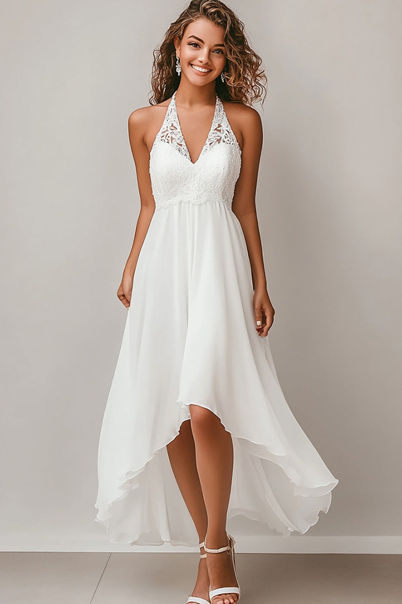 Queendancer Women White Chiffon Asymmetrical Engagement Dress with Lace  Halter A Line Rehearsal Dinner Dress – queendanceruk