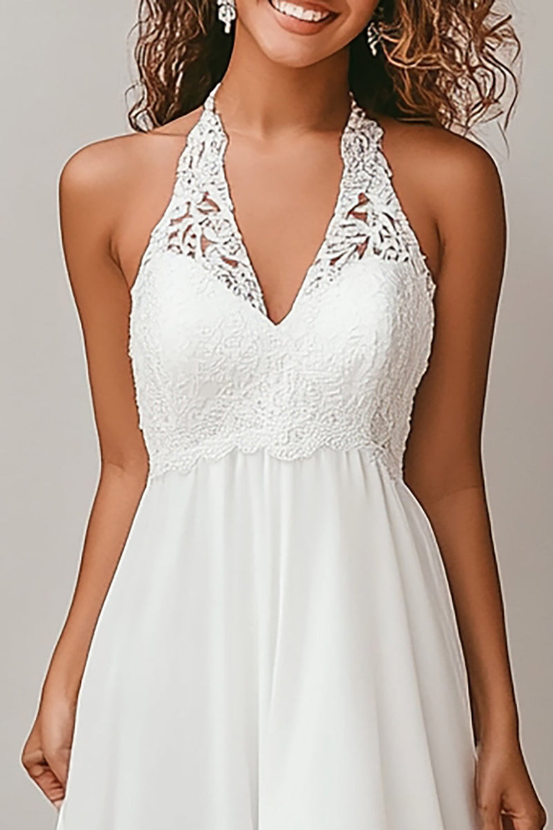 Load image into Gallery viewer, White Chiffon Halter A Line Engagement Dress with Lace