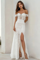 Load image into Gallery viewer, White Lace Long Sheath Engagement Dress with Slit