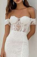 Load image into Gallery viewer, White Lace Long Sheath Engagement Dress with Slit