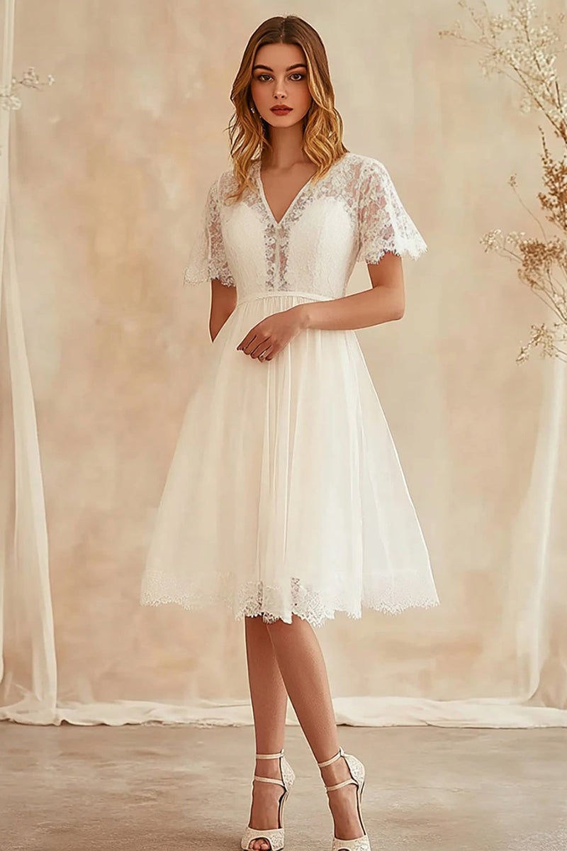 Load image into Gallery viewer, Ivory Chiffon V Neck Midi A Line Graduation Dress with Lace
