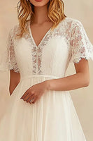 Load image into Gallery viewer, Ivory Chiffon V Neck Midi A Line Graduation Dress with Lace