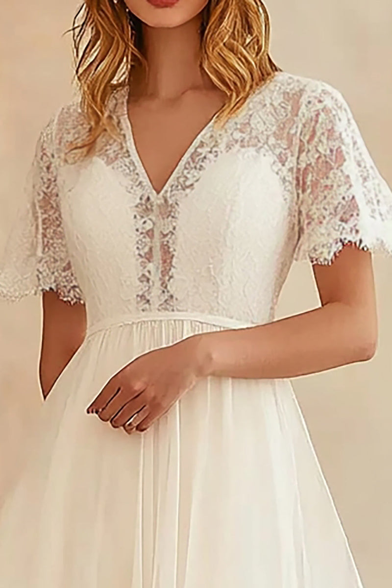 Load image into Gallery viewer, Ivory Chiffon V Neck Midi A Line Graduation Dress with Lace
