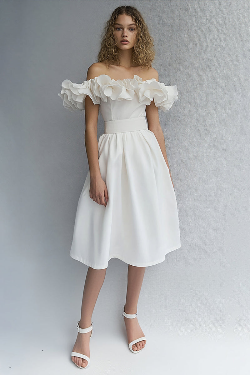 Load image into Gallery viewer, Women White Midi Bridal Shower Dress with Ruffles Off The Shoulder A Line Cocktail Dress