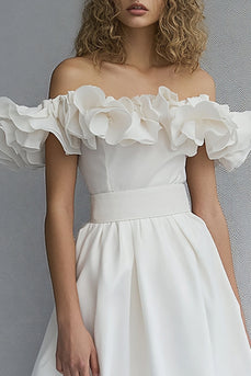 White Off The Shoulder Midi A Line Bridal Shower Dress with Ruffles