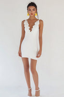 Load image into Gallery viewer, Women White Satin Short Bridal Shower Dress with Ruffles V Neck Bodycon Little White Dress